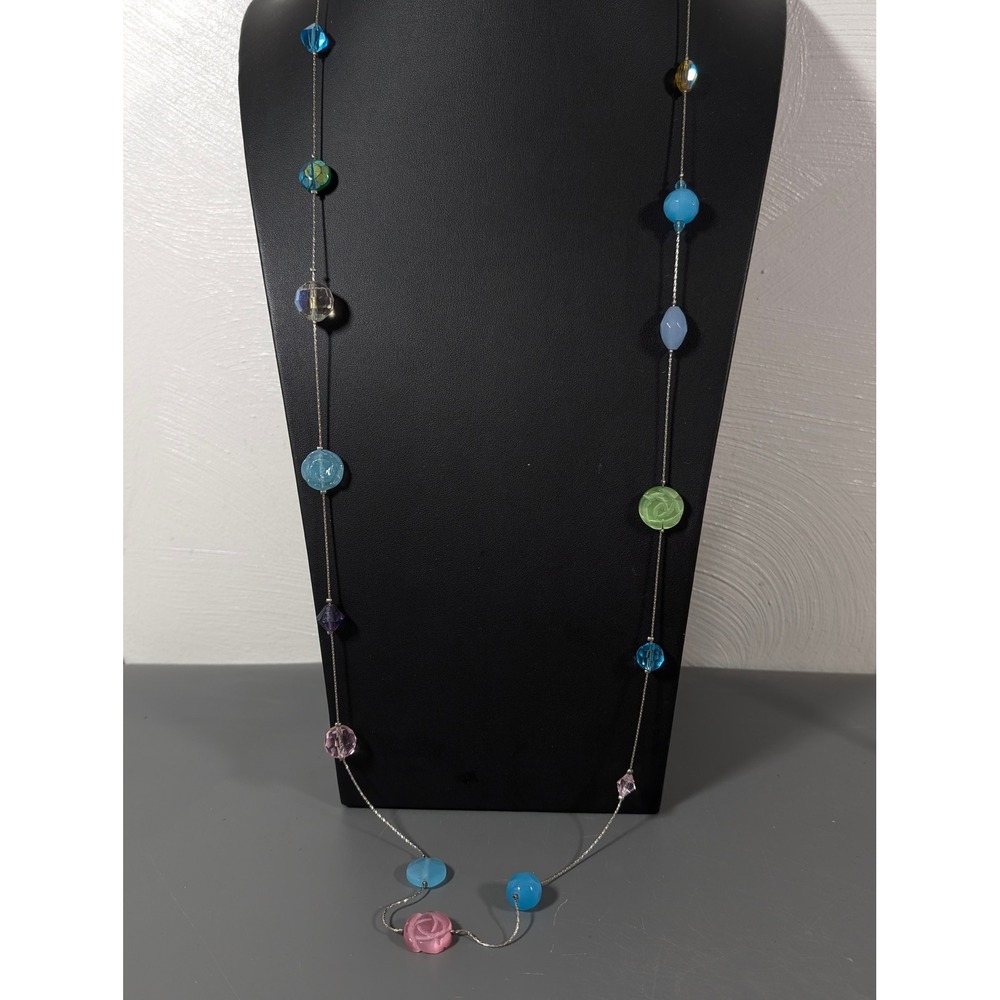 Cookie Lee Pastel Glass Floral Station Necklace Silver Tone 42 Inch Long